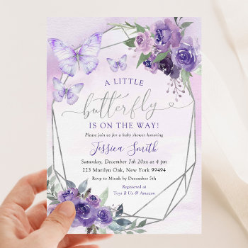 Little Butterfly Is On The Way Purple Baby Shower Invitation by PumpkinDesignCard at Zazzle