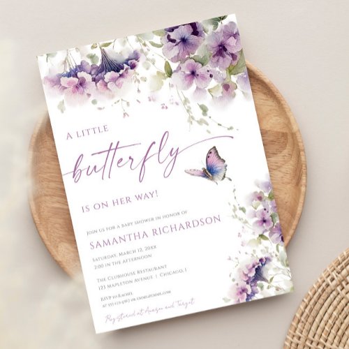 Little butterfly is on the way purple baby shower invitation