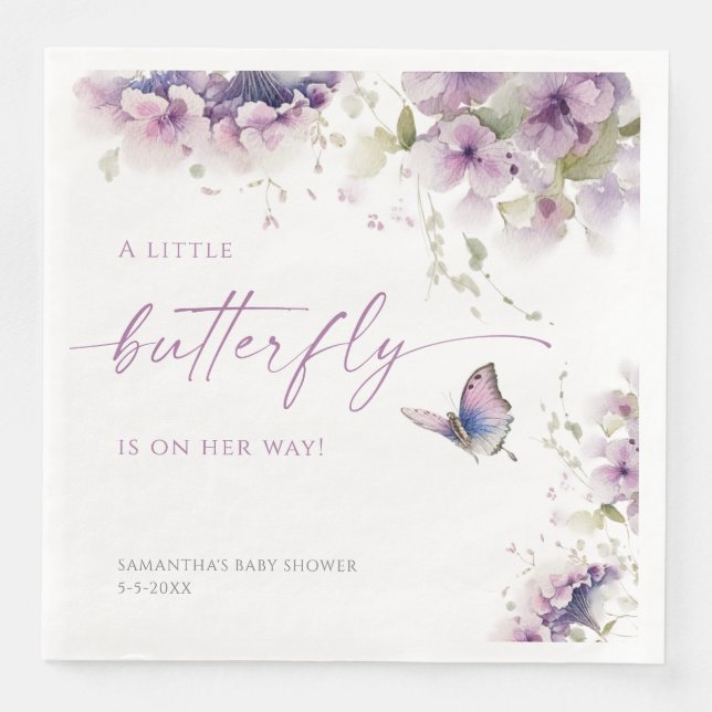 Little butterfly is on the way purple baby shower paper dinner napkins (Front)