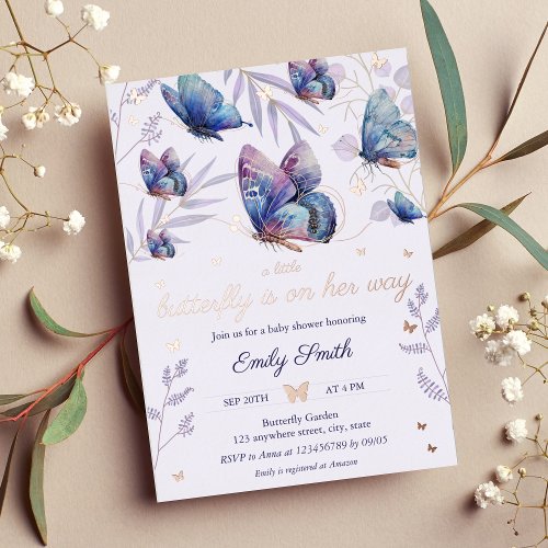 Little Butterfly is one her Way Baby Shower Foil Invitation