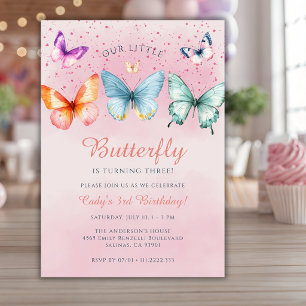Little Butterfly Is Turning Tree 3rd Birthday Girl Invitation