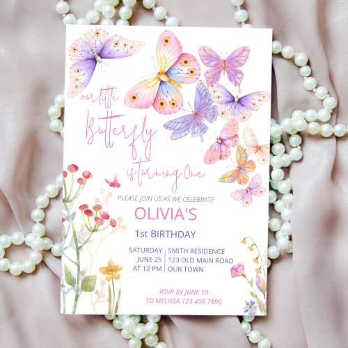 Little butterfly meadow wildflowers birthday party invitation
