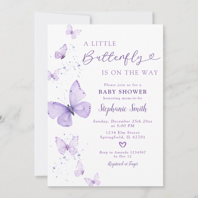 Little Butterfly On The Way Lilac Baby Shower Invitation (Front)
