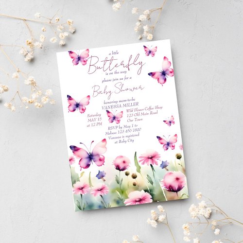 Little butterfly pastel lilac pink baby shower invitation