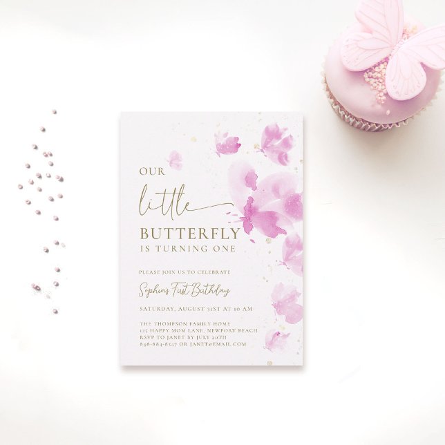 Little Butterfly Pink Budget 1st Birthday Invitation (butterfly themed 1st birthday invitation girls pink watercolor one year fluttered by budget)