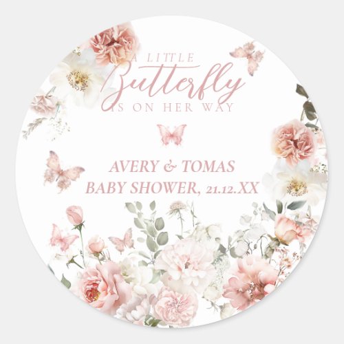 Little Butterfly Pink Floral Baby Girl Shower  Classic Round Sticker