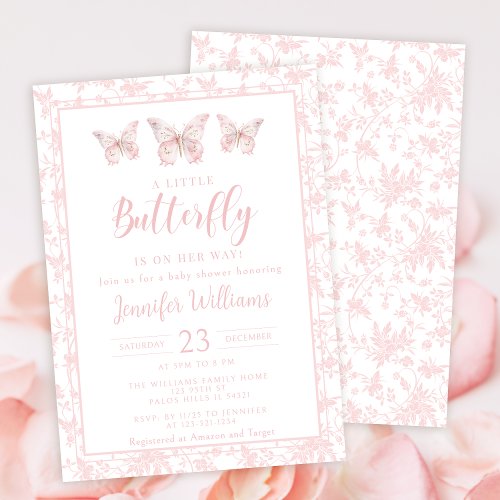 Little butterfly pink floral baby girl shower invitation