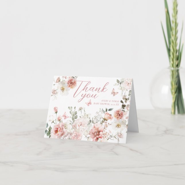 Little Butterfly Pink Floral Baby Girl Shower  Thank You Card (Front)