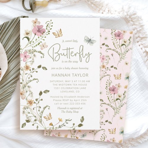 Little Butterfly Pink Floral Girl Baby Shower Invitation