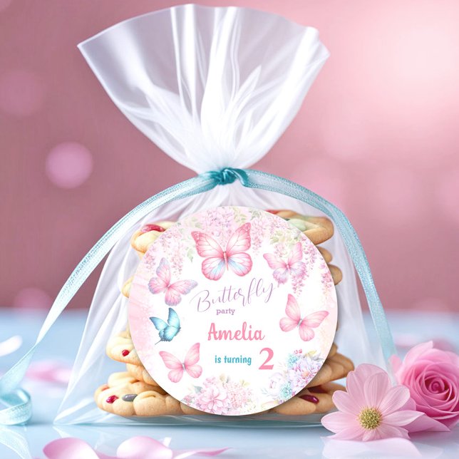 Little Butterfly Pink Floral Summer Girl Birthday Classic Round Sticker (Little Butterfly Pink Floral Summer Girl Birthday Classic Round Sticker)