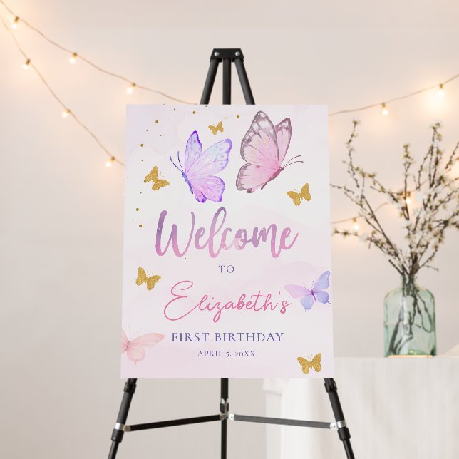 Little Butterfly Pink Girl Birthday Welcome Sign (In Situ (Stand))