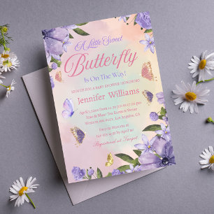 little butterfly pink purple flowers baby shower invitation