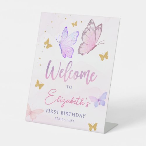 Little Butterfly Pink Purple Girl Birthday Welcome Pedestal Sign