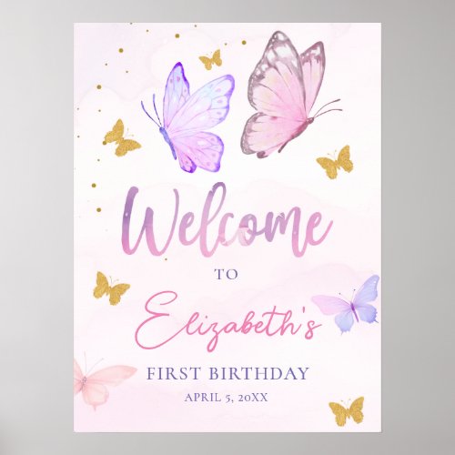 Little Butterfly Pink Purple Girl Birthday Welcome Poster