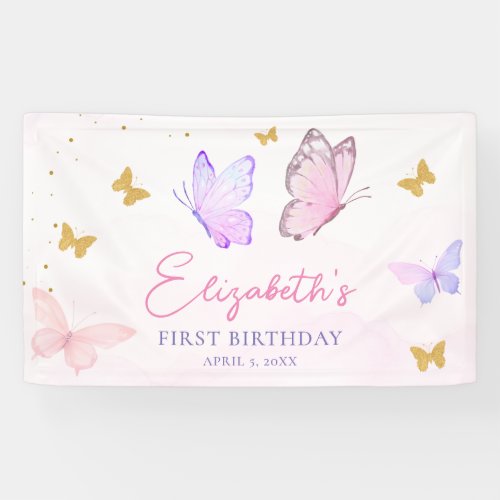 Little Butterfly Pink Purple Girl First Birthday Banner