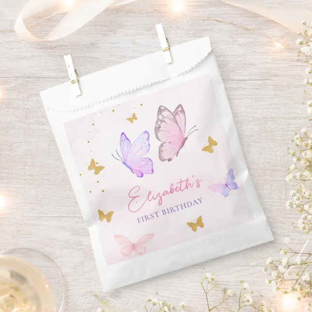 Little Butterfly Pink Purple Girl First Birthday Favor Bag (Clipped)