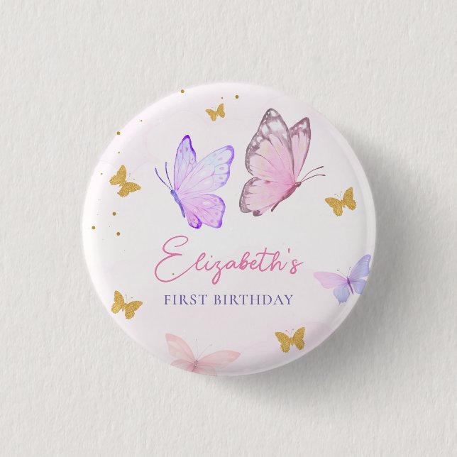 Little Butterfly Pink Purple Gold Girl Birthday Button (Front)