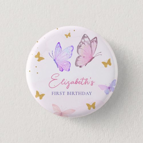 Little Butterfly Pink Purple Gold Girl Birthday Button
