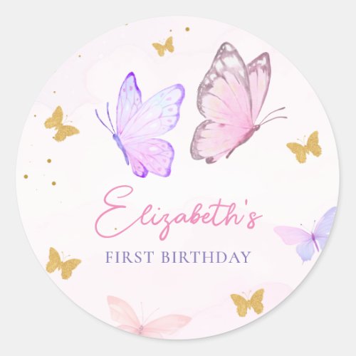 Little Butterfly Pink Purple Gold Girl Birthday Classic Round Sticker