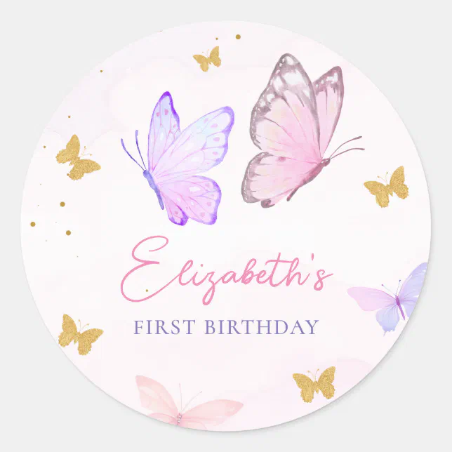 Little Butterfly Pink Purple Gold Girl Birthday Classic Round Sticker ...