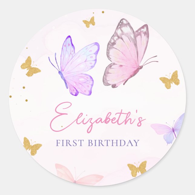 Little Butterfly Pink Purple Gold Girl Birthday Classic Round Sticker (Front)