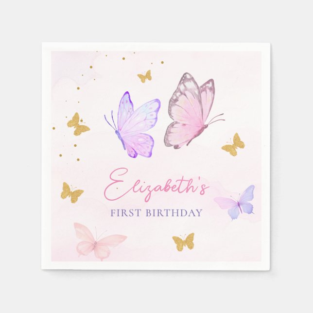 Little Butterfly Pink Purple Gold Girl Birthday Napkins (Front)