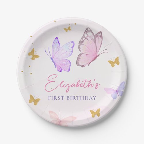 Little Butterfly Pink Purple Gold Girl Birthday Paper Plates