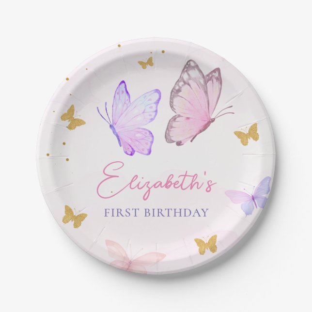 Little Butterfly Pink Purple Gold Girl Birthday Paper Plates (Front)