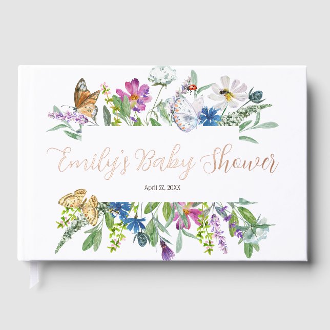 Little Butterfly Spring Wildflower Baby Shower Foil Guest Book (Front)