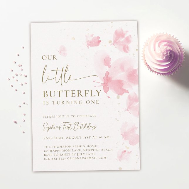 Little Butterfly Watercolor Budget 1st Birthday Invitation (our little butterfly 1st birthday invitation girls pink blush watercolor garden tea party elegant)