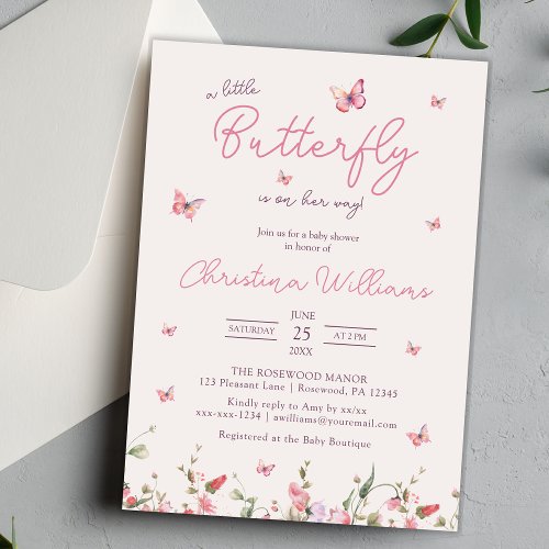 Little Butterfly Watercolor Girl Baby Shower Invitation