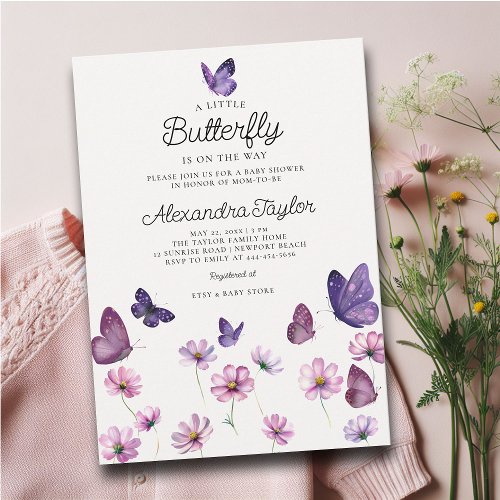 Little Butterfly Wild Purple Pink Baby Girl Shower Invitation