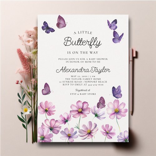 Little Butterfly Wildflower Pink Baby Girl Shower Invitation