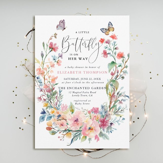 Little Butterfly Wildflowers Whimsical Baby Shower Invitation (butterfly baby shower invitation enchanted garden woodland forest bird spring summer whimsical roses)