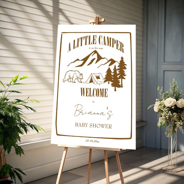 Little camper adventure baby shower welcome sign (Little camper boho mountain adventure baby shower personalized welcome sign board)