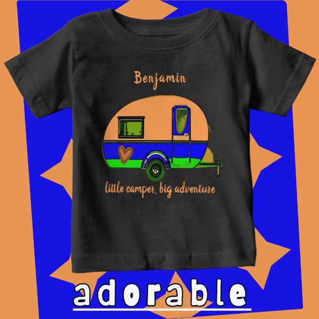 Little Camper Big Adventure Child's Name Baby T-Shirt (Select shirt color and text color. Easily add child's name.)