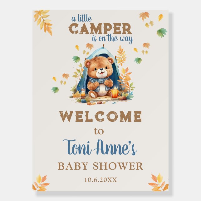 LITTLE CAMPER  BLUE WATERCOLOR BABY SHOWER WELCOME FOAM BOARD (Front)