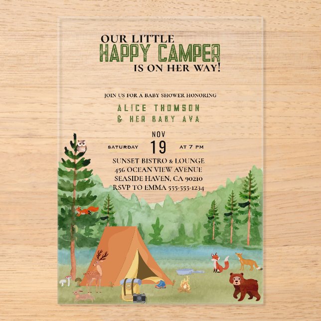 Little Camper Camping Adventure Forest Baby Shower Acrylic Invitations (Front)