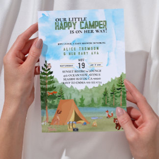 little camper camping adventure forest baby shower invitation