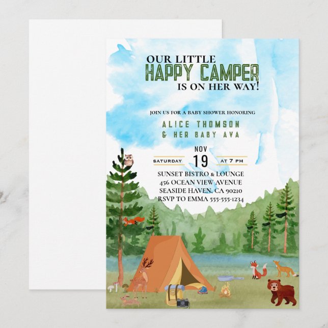 little camper camping adventure forest baby shower invitation (Front/Back)