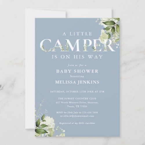 Little Camper Dusty Blue Greenery Baby Shower Invitation