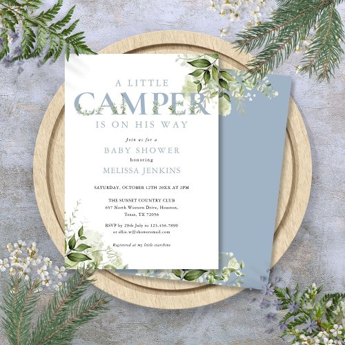 Little Camper Dusty Blue Greenery Baby Shower Invitation