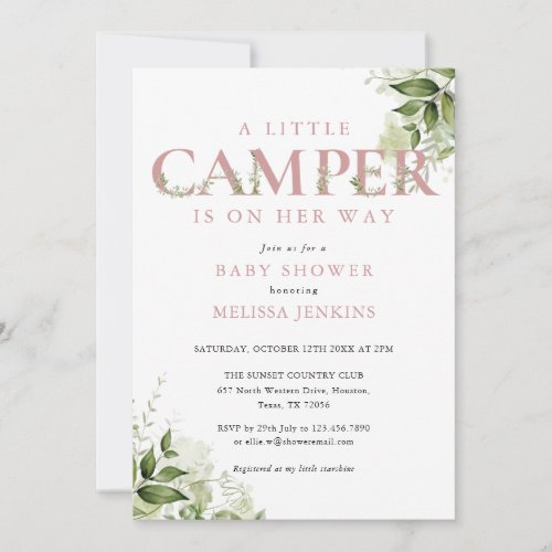 Little Camper Dusty Rose Greenery Baby Shower Invitation