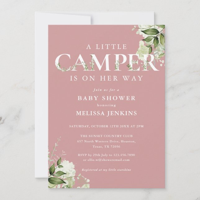 Little Camper Dusty Rose Greenery Baby Shower Invitation (Front)