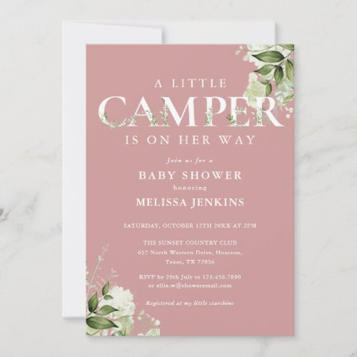 Little Camper Dusty Rose Greenery Baby Shower Invitation