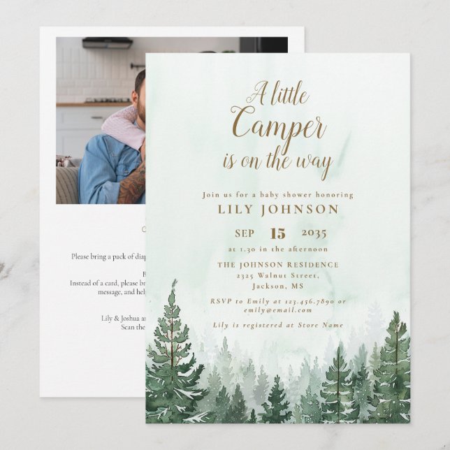 Little Camper Forest Baby Shower Photo QR Code Invitation (Front/Back)