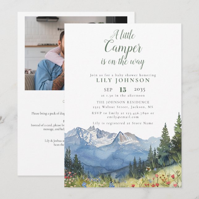 Little Camper Mountain Baby Shower Photo QR Code Invitation (Front/Back)