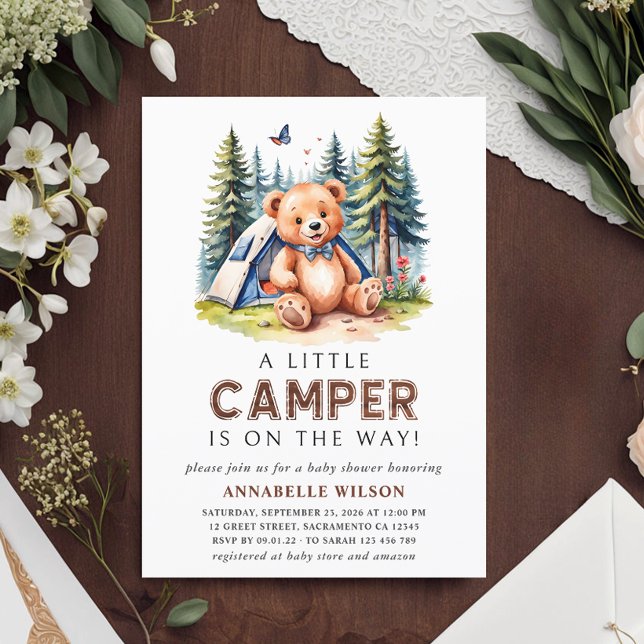 Little Camper Teddy Bear Watercolor Woodland Invitation (Creator Uploaded)