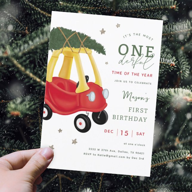Little Car Holiday Onederful 1st Birthday Party Invitation