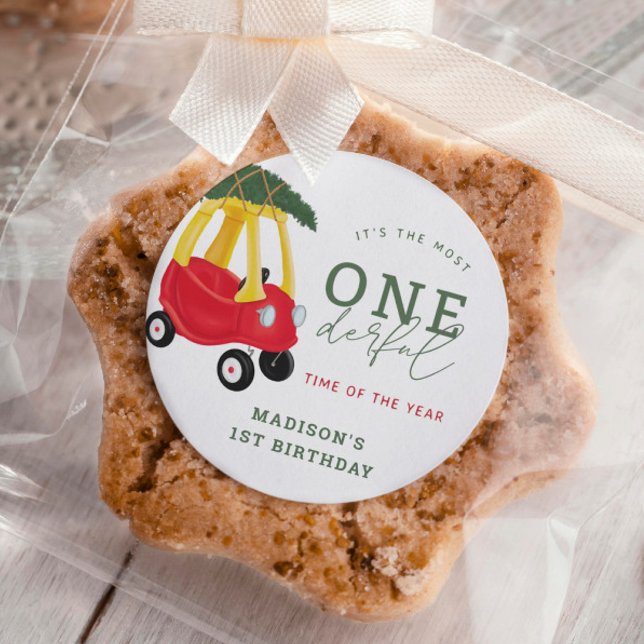Little Car Holiday Onederful Birthday Favors Classic Round Sticker (Creator Uploaded)